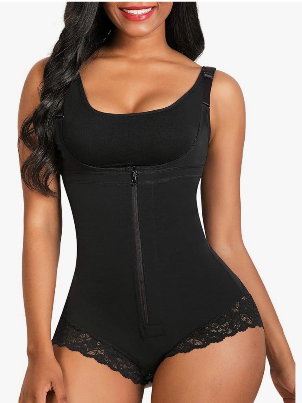 Black Lace-Trim Front-Zip Sculpting Bodysuit Shaper
